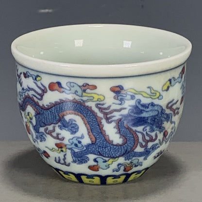 Chinese Ming Chenghua Blue & White Doucai Porcelain Dragon Phoenix Teacup 3.15"