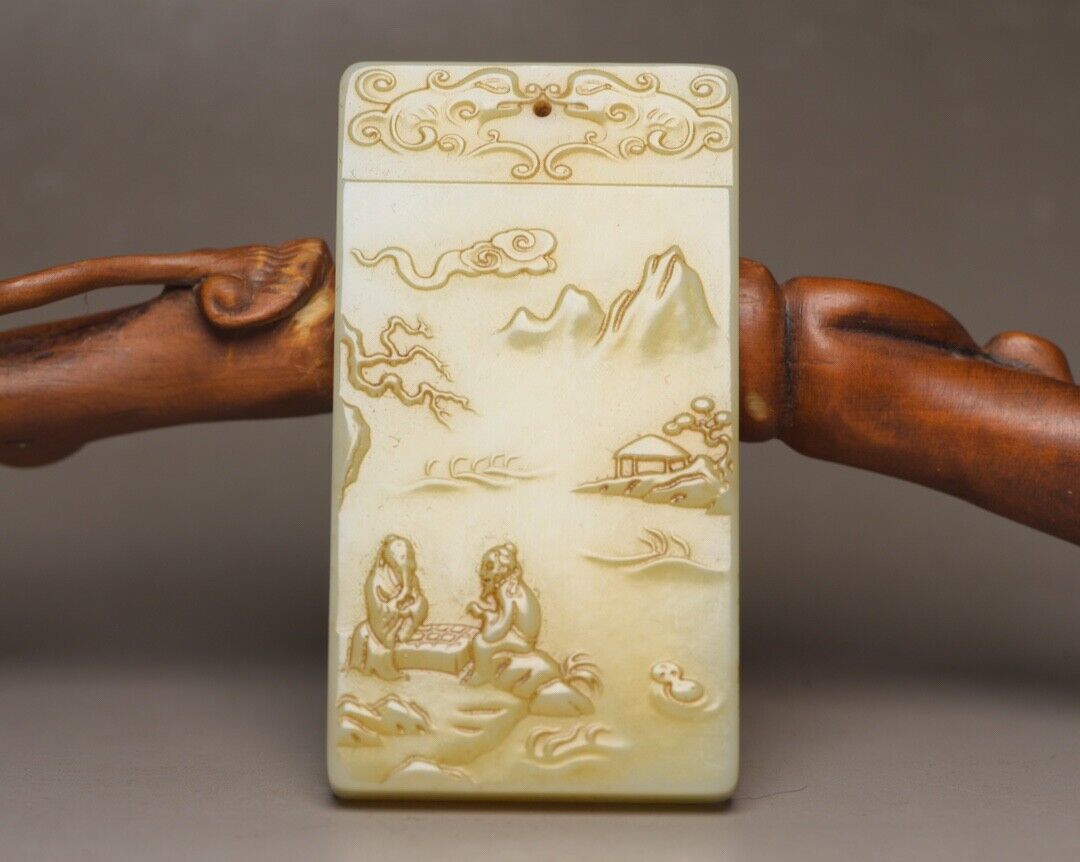 Chinese Natural Hetian Jade Carving Landscape Statues Exquisite Pendant Jewelry