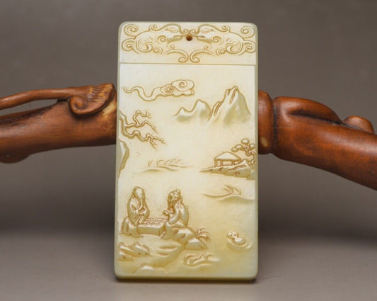 Chinese Natural Hetian Jade Carving Landscape Statues Exquisite Pendant Jewelry