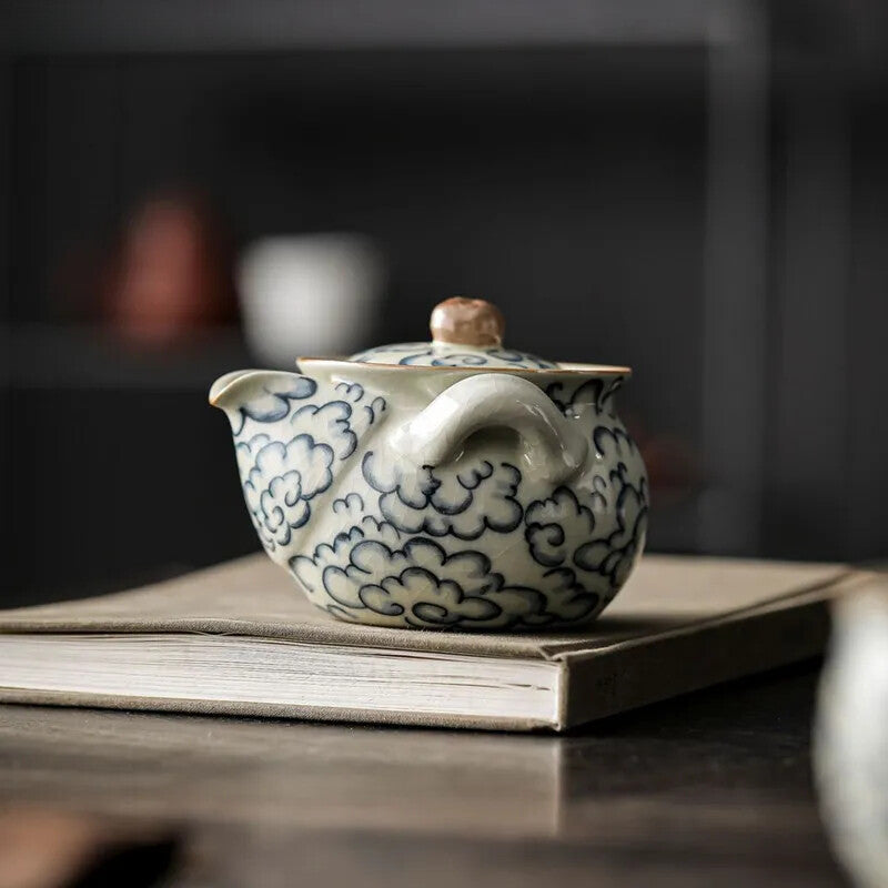 Ru Kiln Ceramic Hand Pot Hand-painted Blue and White Porcelain Filter Tea Set