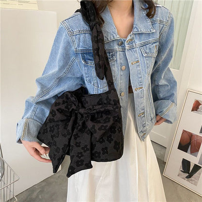 Large Canvas Shoulder Bag Summer Fashion Bow Shopper Bag Adjustable Strap Length
