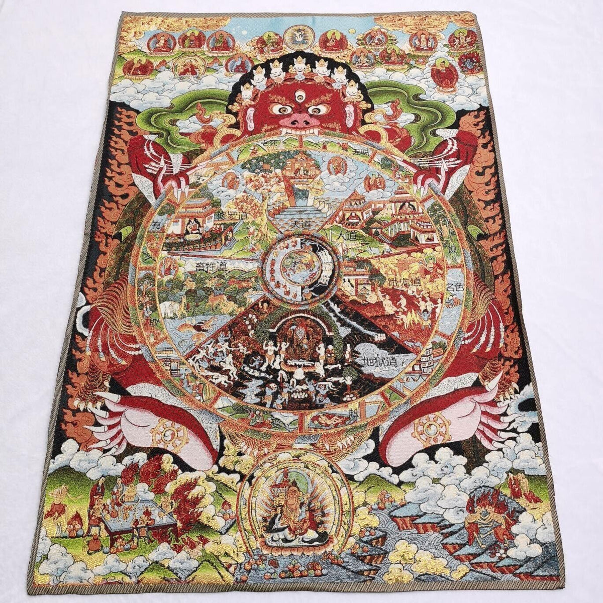 35.4" Tibet Cloth Embroidery Six realms wheel of life Tangka Mural Statue