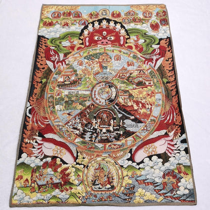 35.4" Tibet Cloth Embroidery Six realms wheel of life Tangka Mural Statue