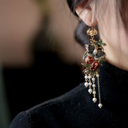Vintage Court Enamel Butterfly Earrings Tassel Pearl Hanfu Qipao Ear Drops