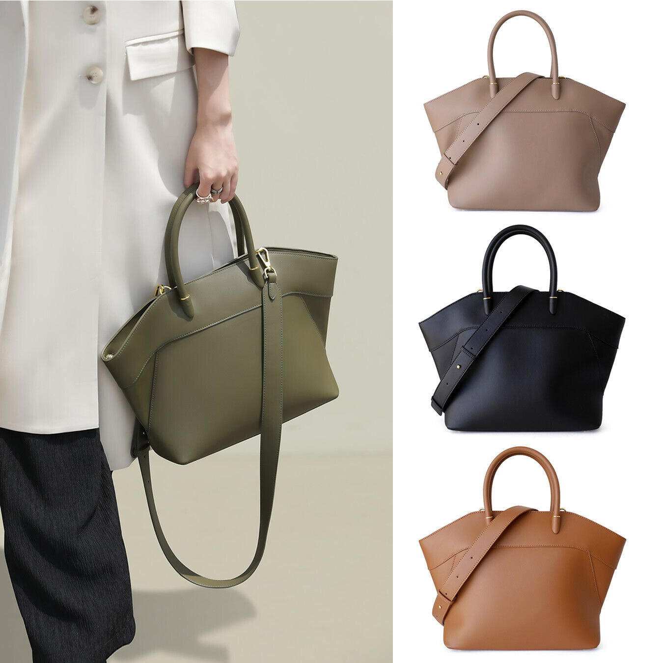 Trapezoid Real Leather Tote w/ Zipper Purse Shoulder Bag Handbag w/ Long Strap