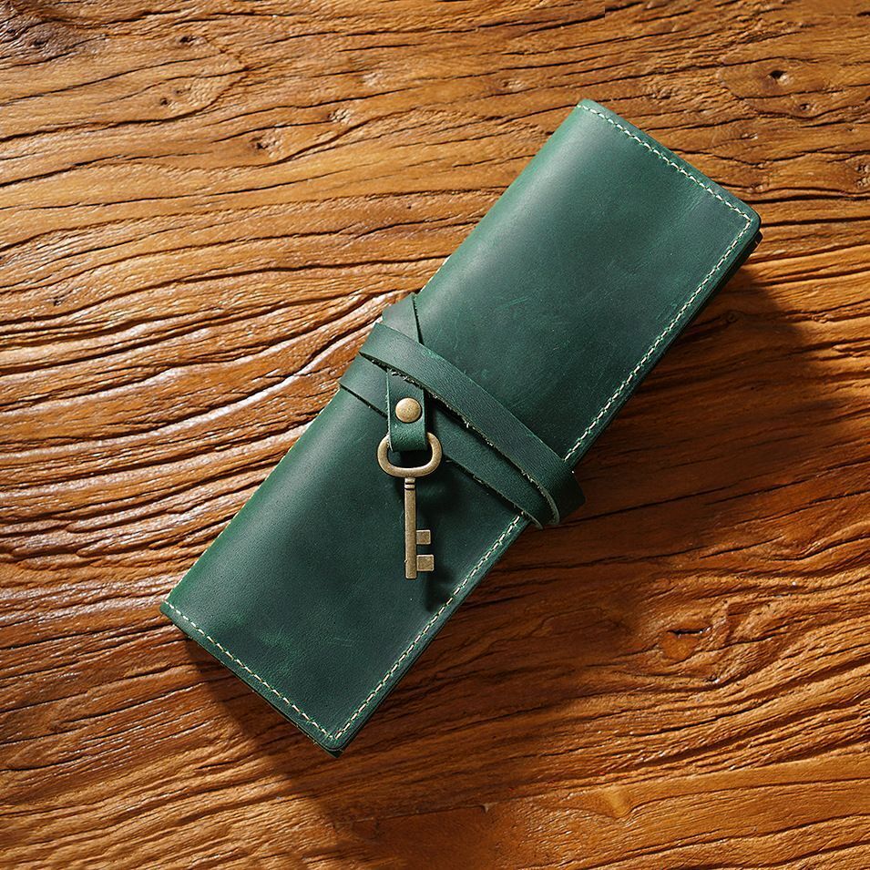 Pencil Case Genuine Leather Tie Rope W/Key Pen School Storage Bag Holder 20x18cm