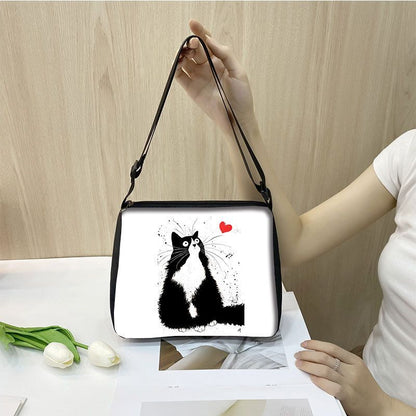 Customized Shoulder Bag Cute Black White Cat Printing Handbag Purse Storage Bag