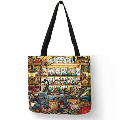 Cat Print Tote Bag Linen Reusable Shopping Bag Oil Painting Shoulder Shopper Bag