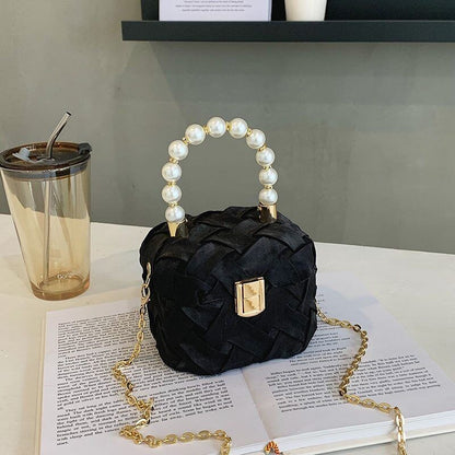 Box Handbags Women Pearl Beads Decor Lock Chain Shoulder Bag Purses Bag