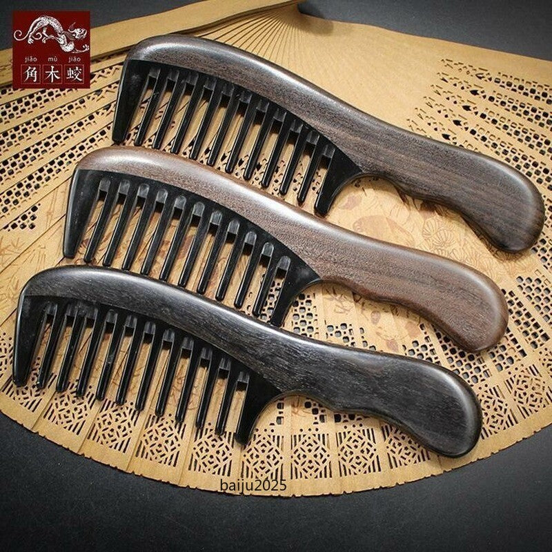 Wide Wooden Handle Toothed Comb Antistatic Natural Black Buffalo Hair Comb