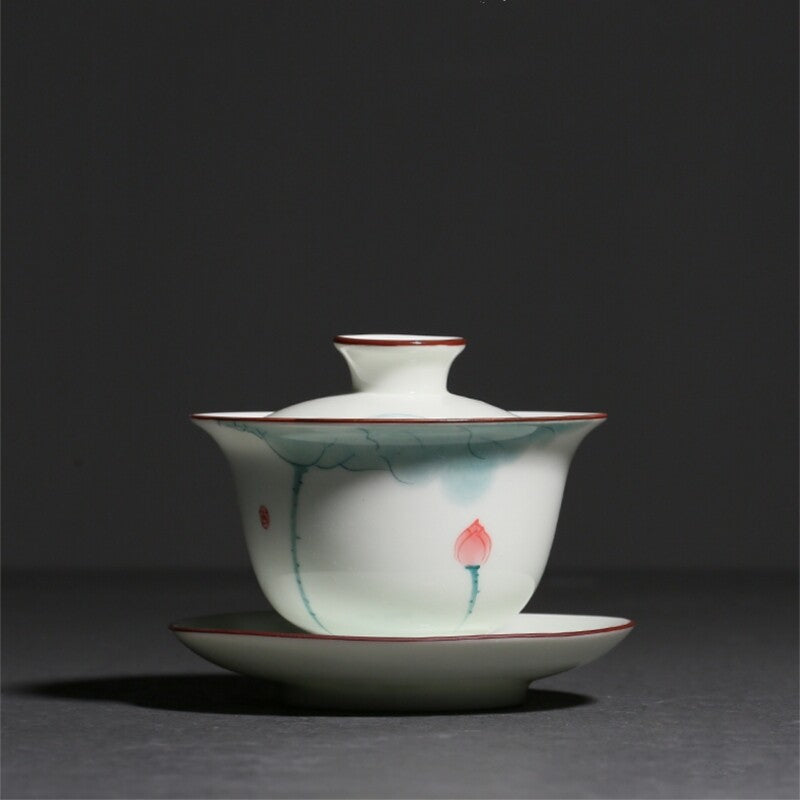 porcelain tea brewer gaiwan handpainted San Cai bowl with saucer 150cc tureen