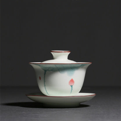 porcelain tea brewer gaiwan handpainted San Cai bowl with saucer 150cc tureen