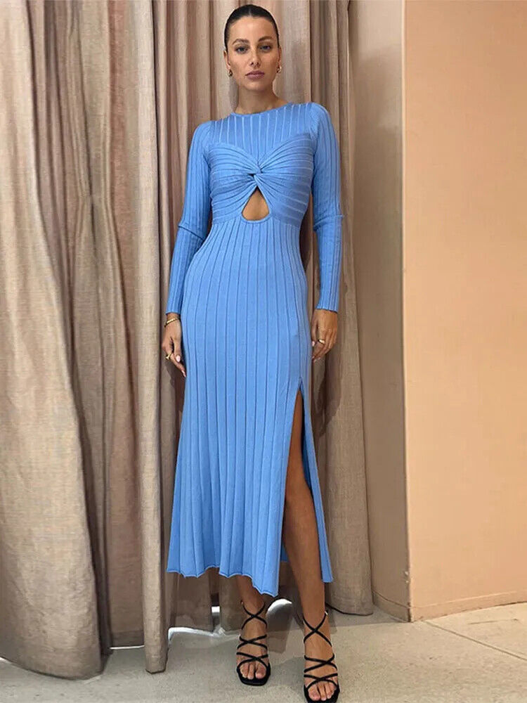 Knit Split Dress Women Knitted Autumn Lady's Commuter Office Robe
