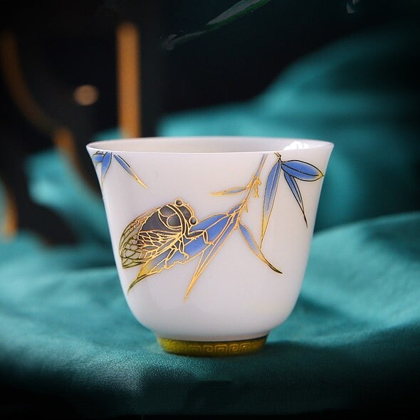 Dehua Fat Mutton Jade Porcelain Tea Cup 50ml Hand Drawing Floral Fish Painted