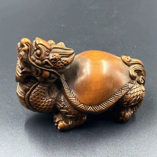 Collections Chinese Boxwood Carving Dragon Turtle Statue Nice Figurines Artwork