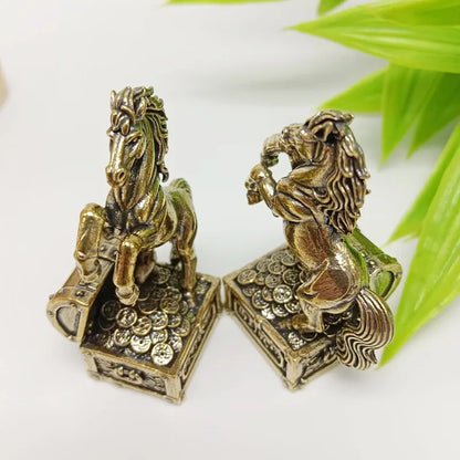 5.3cm Brass Handcarved Zodiac Horse Statue Tea Pet Feng Shui Wealth Ornament