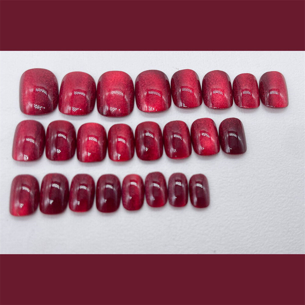 Cherry Red Cat Eye False Nail Short Square Press on Nails for Nail Art 24pcs