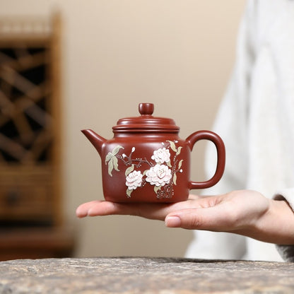 True Yixing Zisha Tea Pot Dahongpao Clay Floral Relief 9 Infuser Hole Marked Pot