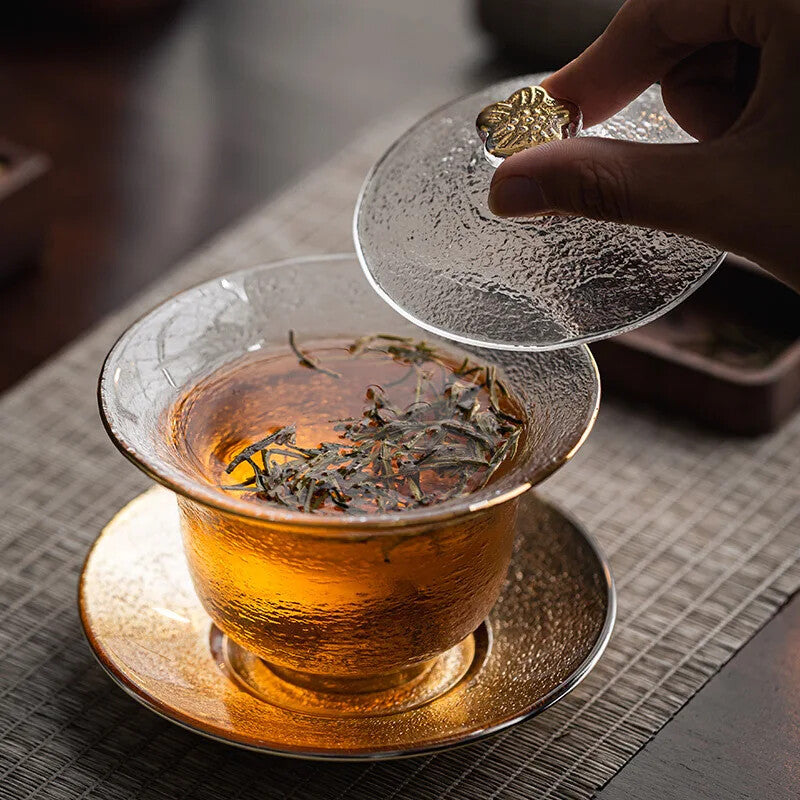 200ml Crystal Glass Gaiwan Hammered Gold Tea Bowl Heat Resistant Kung Fu Tea Set