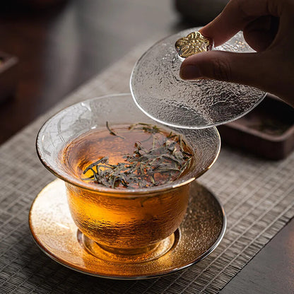 200ml Crystal Glass Gaiwan Hammered Gold Tea Bowl Heat Resistant Kung Fu Tea Set