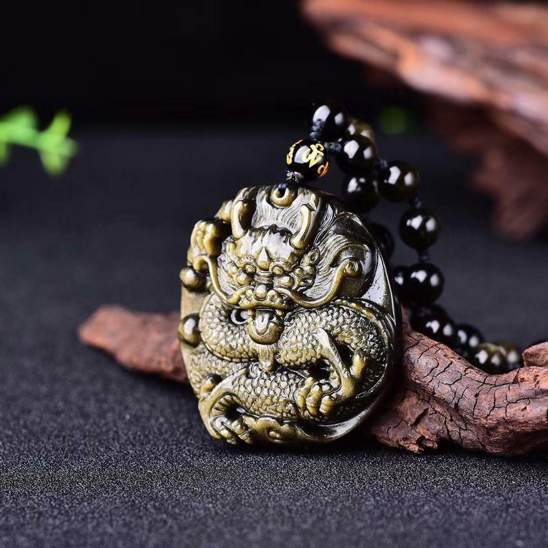 Gold Obsidian Natural Quartz crystal Dragon Statue Pendant Healing + Bracelet
