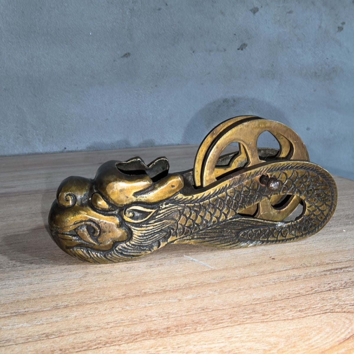 Vintage Brass Dragon Carpentry Ink Line Tool Chinese Antique Measuring Tool