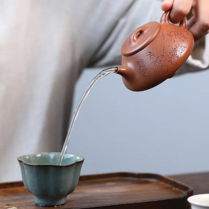 180ml Yixing Handmade Zisha Hand-carved Bamboo Stone Purple Clay Tea Set