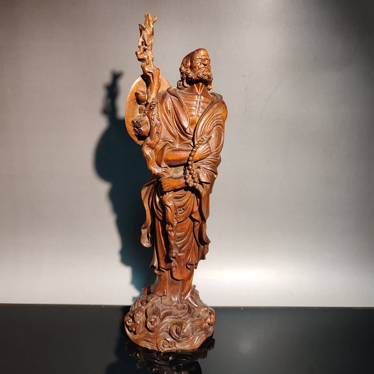 8" old antique wood carving Boxwood wooden sculpture buddha Dharma Arhat statue