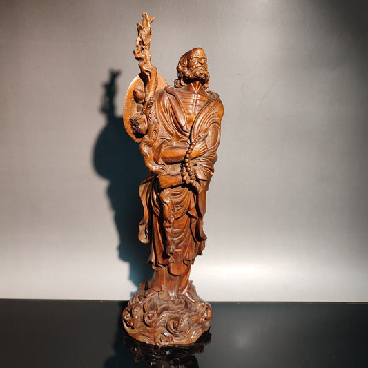 8" old antique wood carving Boxwood wooden sculpture buddha Dharma Arhat statue