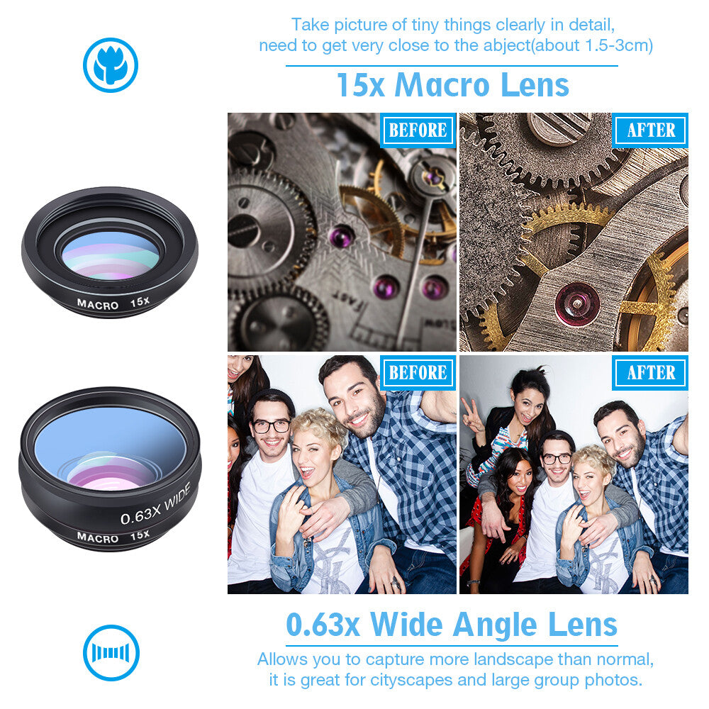 APEXEL 10 in 1 Smartphone Lens Kit Fisheye Wide-Angle Macro Lens CPL Filter 2X