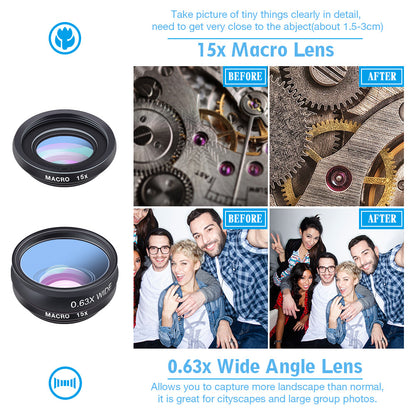 APEXEL 10 in 1 Smartphone Lens Kit Fisheye Wide-Angle Macro Lens CPL Filter 2X