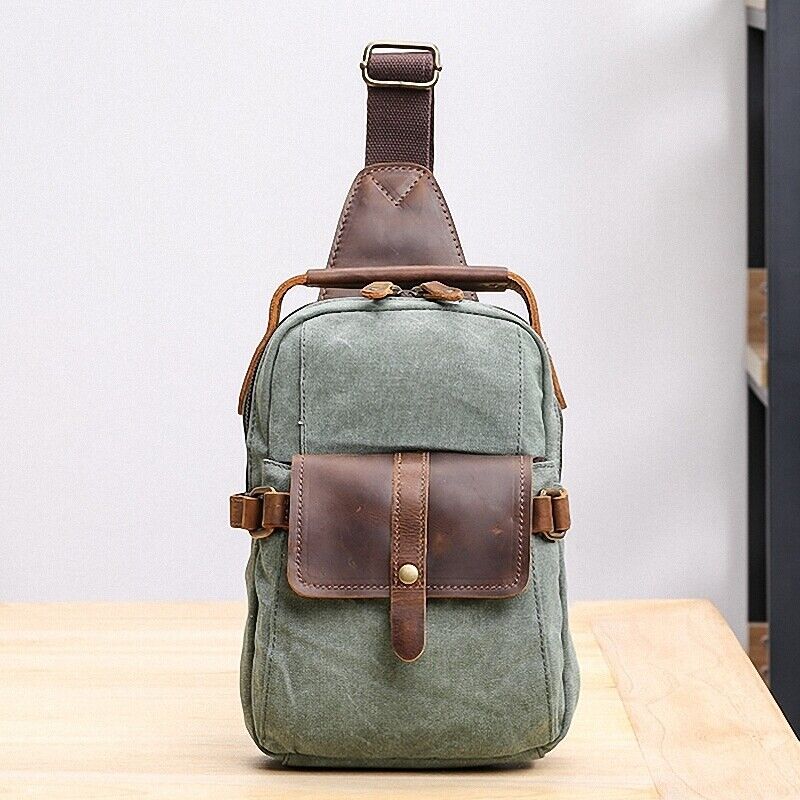 Canvas Real Leather Sling Bag One Strap Backpack Rucksack Chest Pack Vintage
