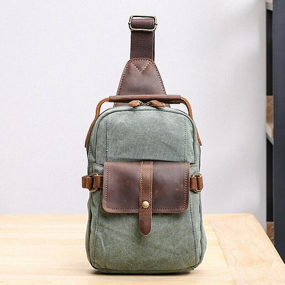 Canvas Real Leather Sling Bag One Strap Backpack Rucksack Chest Pack Vintage