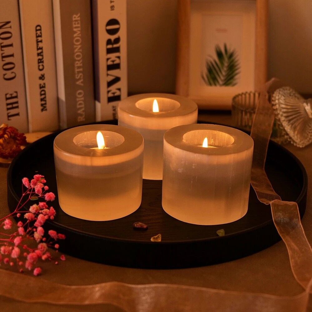 Candle Holder Natural Quartz Selenite Gypsum Carving Stand Healing Crystal 7-8cm