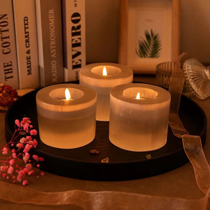 Candle Holder Natural Quartz Selenite Gypsum Carving Stand Healing Crystal 7-8cm