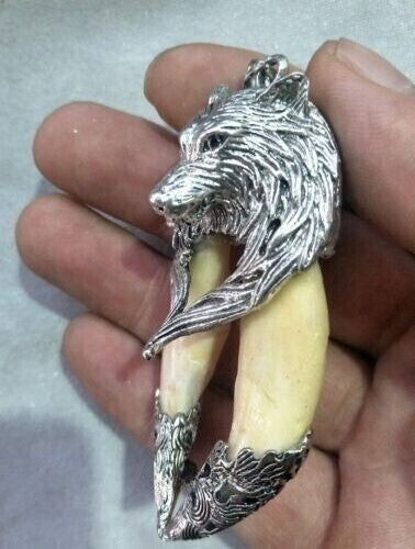 Old Teeth Inlaid Silver Wolf Head Pendant Amulet Collection