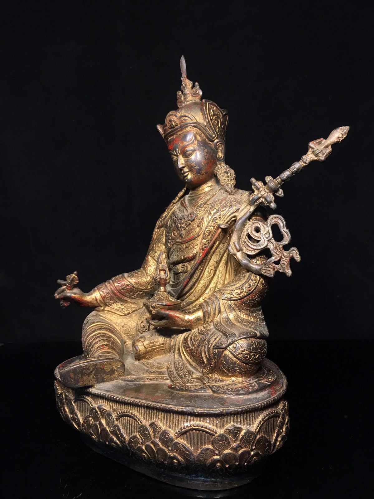 Old Dynasty Chinese Tibet Buddhism Temple Bronze Padmasambhava Buddha Statue