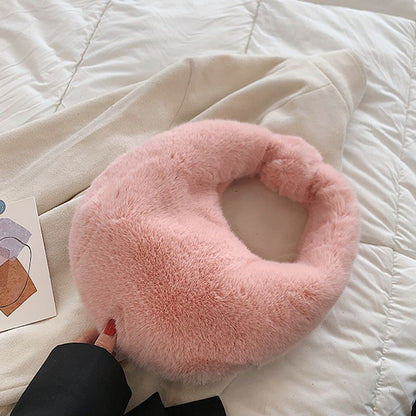 Small Half Moon Bag Warm Plush Bags Furry Short Handle Clutch Cute Handbag Purse