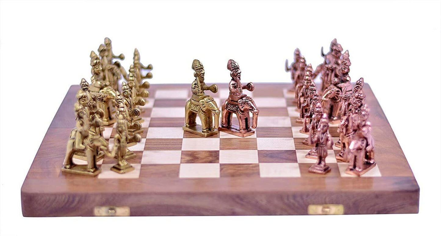 Copper and Golden Antique Wooden Folding Chess Set Board Game Set 14"x14"Folding