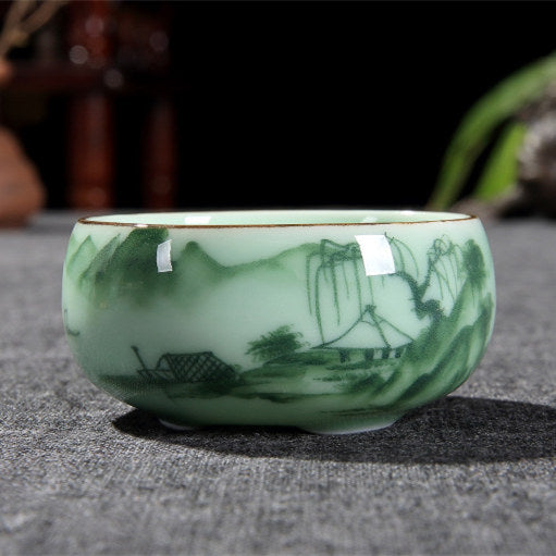 2.5oz * 2 Tea Cups Thicker Glaze Porcelain Cup Mountain-river Bamboo Print Cups