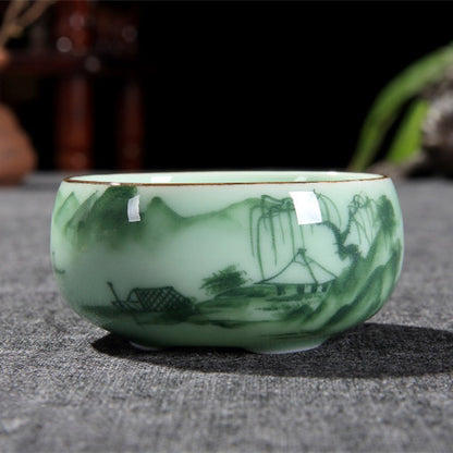 2.5oz * 2 Tea Cups Thicker Glaze Porcelain Cup Mountain-river Bamboo Print Cups