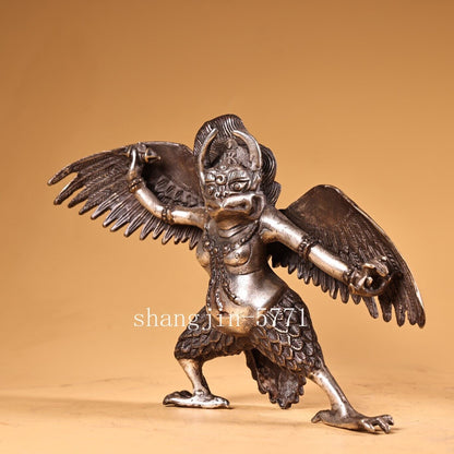 8.4"Xizang Temple Bronze silver Redpoll Winged Garuda Bird Eagle Buddha Statue