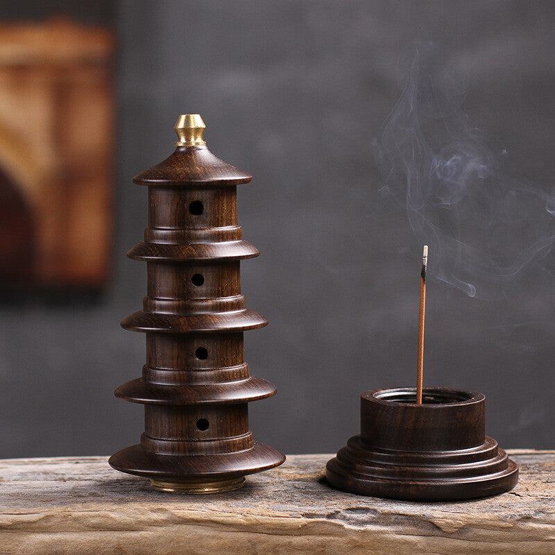 Ebony Wood Carved Stupa Pagoda Tower Incense Stick Burner Zen Buddhism Decor