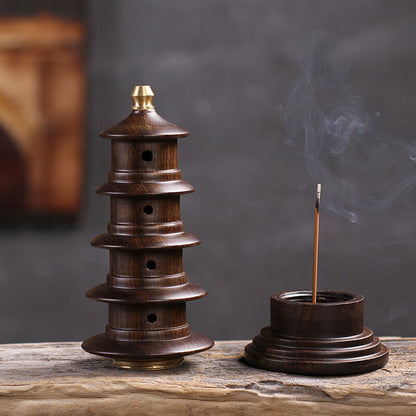 Ebony Wood Carved Stupa Pagoda Tower Incense Stick Burner Zen Buddhism Decor