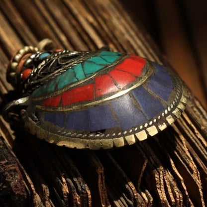 Tibetan Copper Snuff Bottle Pendant Inlaid Gem Handmade Tibetan Art Jewelry