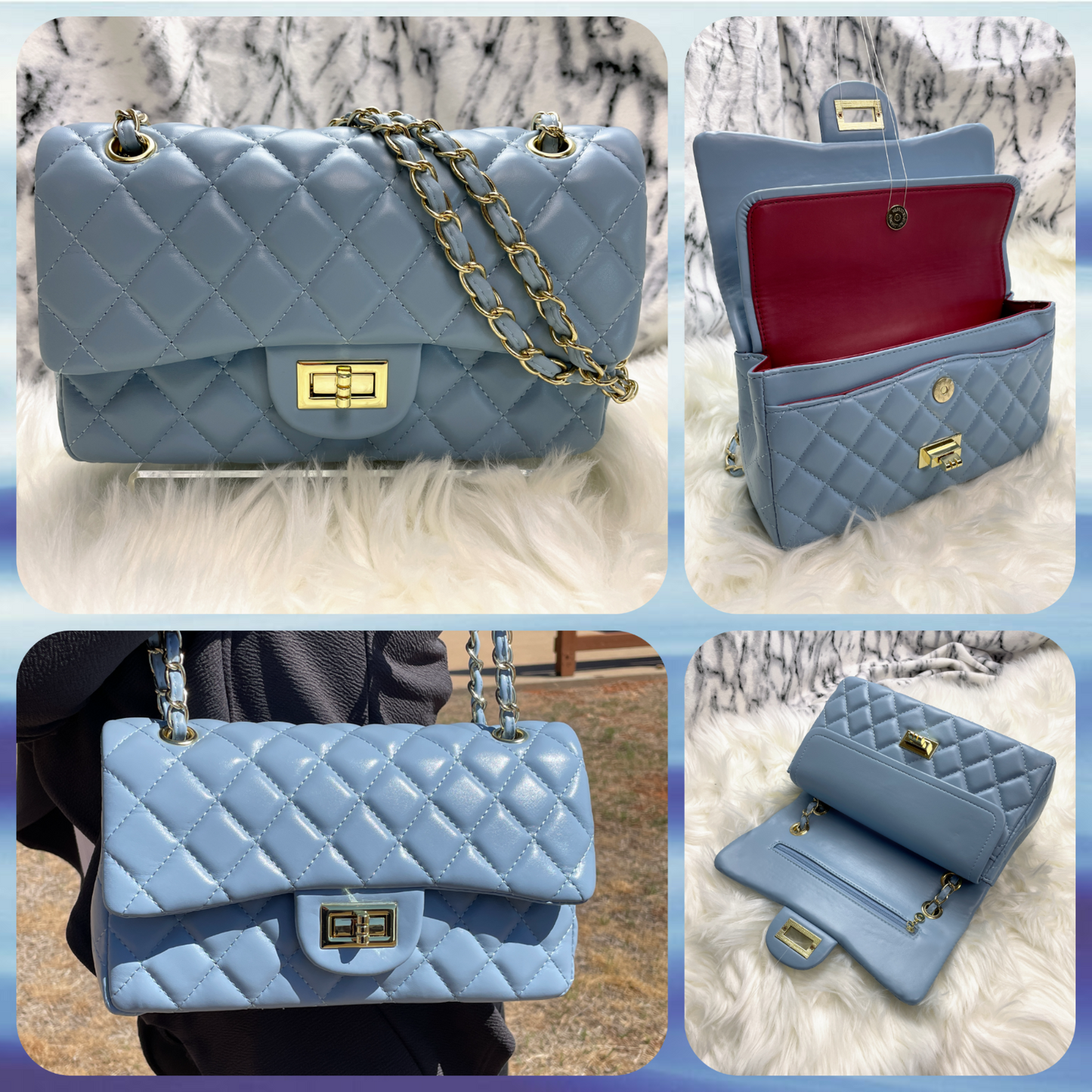 Women Classic Quilted Double Flap Shoulder Crossbody Leather Bag