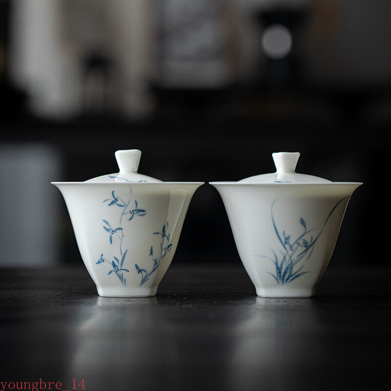 Hand-painted Orchid Gaiwan Cover Bowl Ceramic Tea Making Bowl Chinese Tea Cup