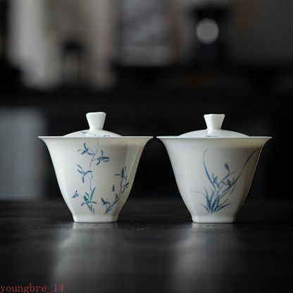 Hand-painted Orchid Gaiwan Cover Bowl Ceramic Tea Making Bowl Chinese Tea Cup
