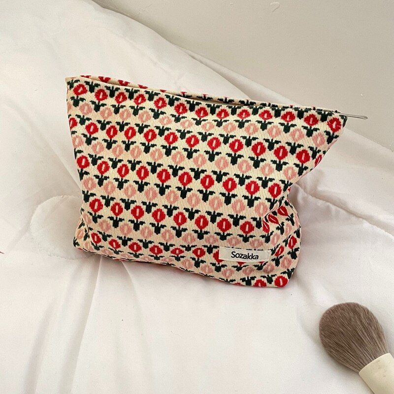 Corduroy Plaid Flower Cosmetic Lipstick Case Travel Makeup Bag 17*10*7/25*18*5CM