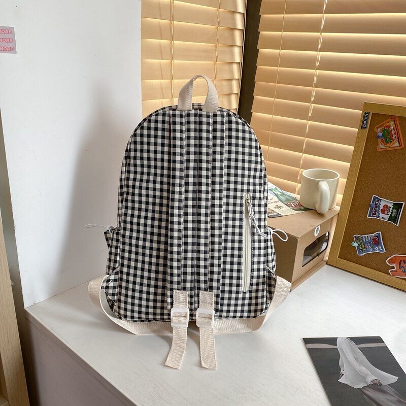 Waterproof Nylon Women Backpack Schoolbag Plaid Travel Bag Polyester Purple Blue